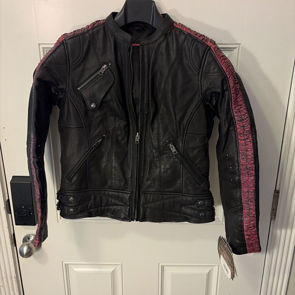 NWT Milwaukee Leather Women M Black Purple Motorcycle Jacket Vent Gun Pocket